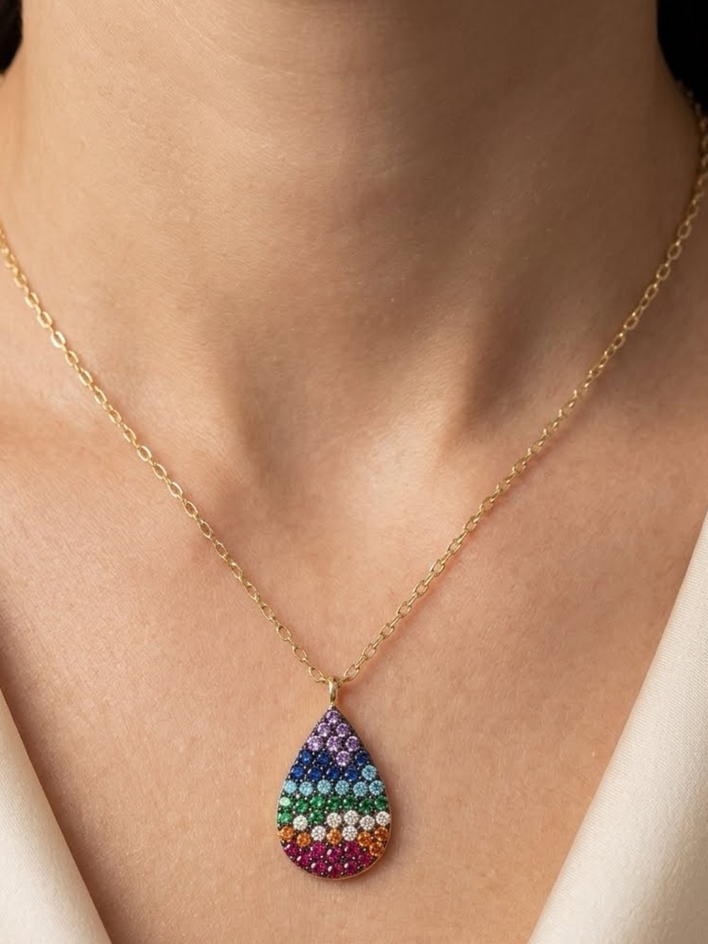 Argento Vivo 18k Gold Plated .925 SS Rainbow Pride Pave Crystal Pendant Necklace